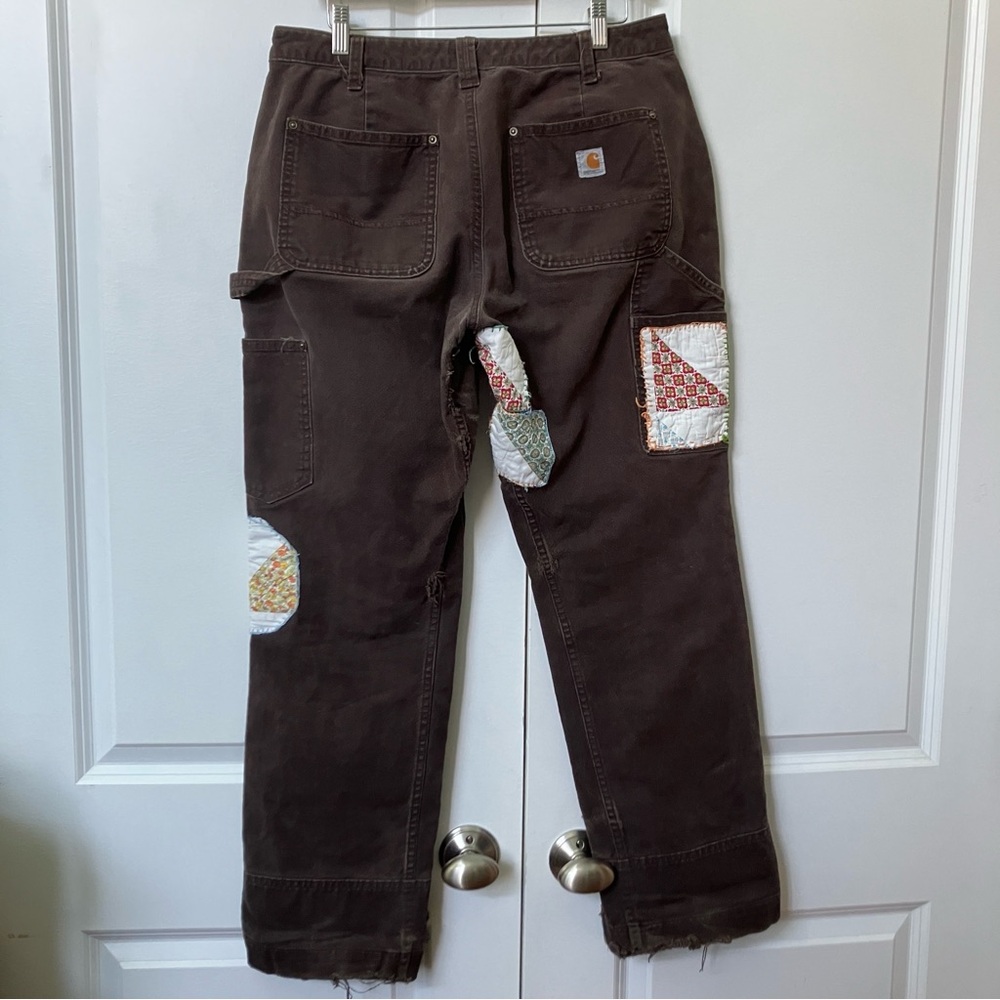 Carhartt Brown Double Knee Workwear Pants with Upcycled Antique Quilt Patches